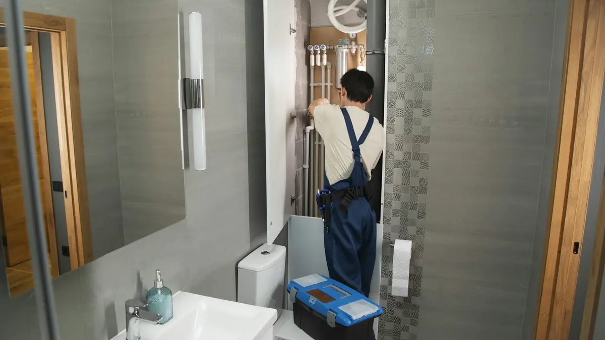 A plumber in overalls working at a pipe cabinet in a tiled bathroom - Leak Detection in Des Plaines